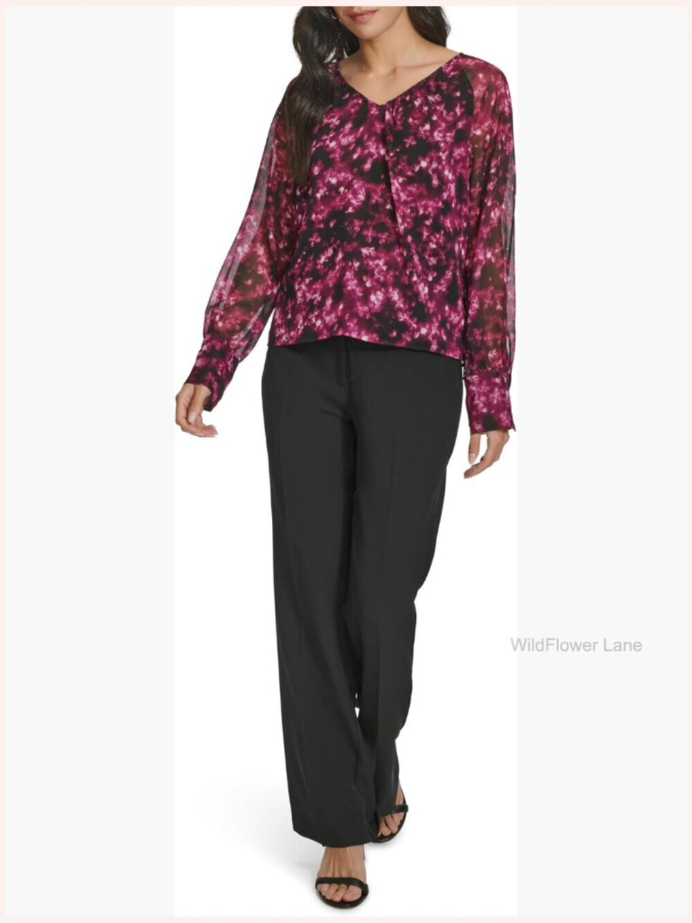 Long Sleeve Printed Blouse, Blouson Top, Stretch, Machine Wash